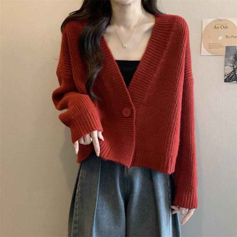 Autumn and Winter New Casual Simple Style Knitted Cardigan Women's Loose V-neck Loose and Versatile Solid Color Sweater
