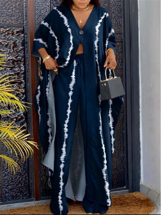 2025 New Loose Casual Two-Piece Homewear: V-Neck Button Print Top & Drawstring Long Pants