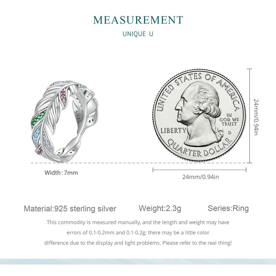 WOSTU 925 Sterling Silver Jemný barevný prsten se zirkonovým peřím pro ženy Dárek k narozeninám Elegantní jemné šperky