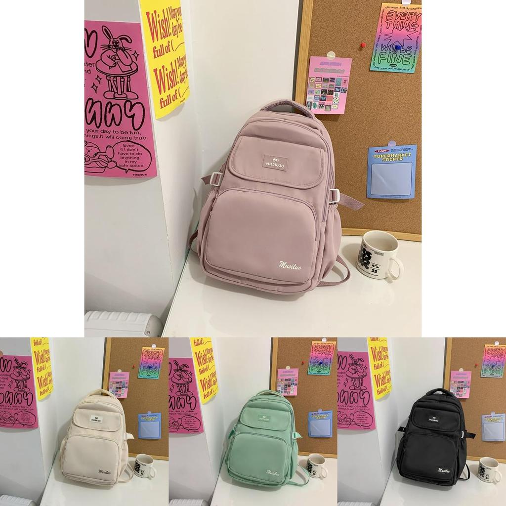 Simple Solid Color Letter Printed Student Backpack With Plush Pendant For Daily Use
