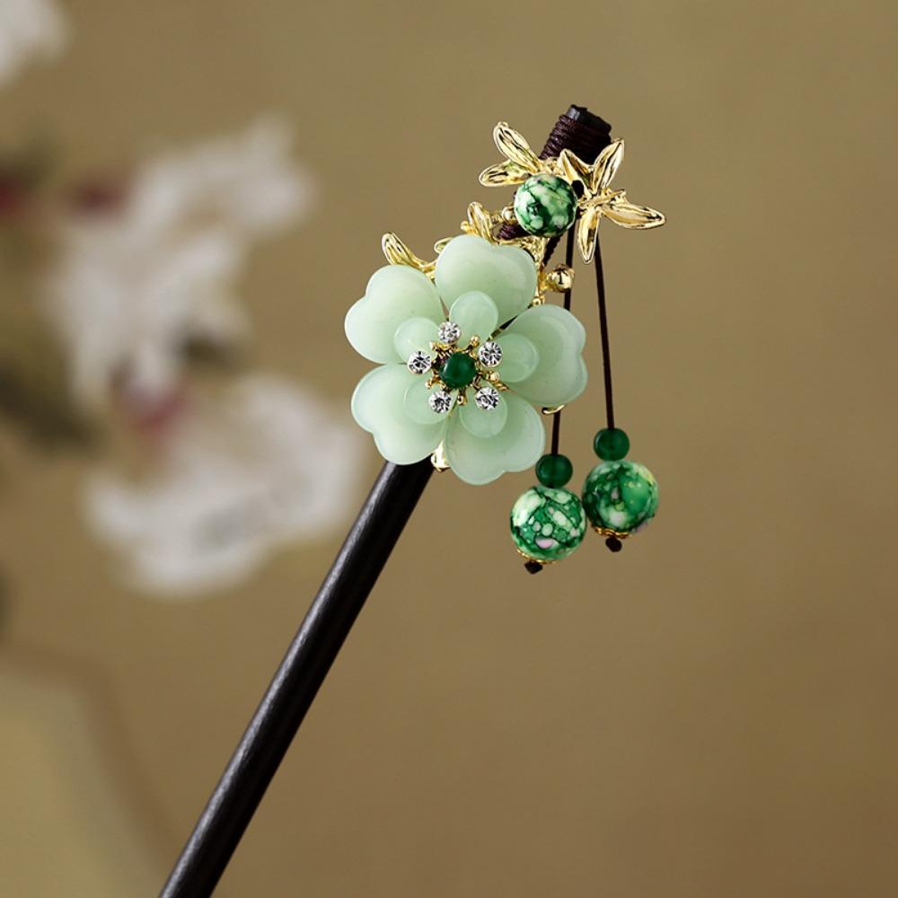 Decorative Chinese Style Flower Hair Sticks Handmade with Tassel Hair Chopsticks Retro Hair Fork Wooden Hairpin for Hanfu