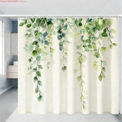 Watercolor Green Hanging Leaves Waterproof Shower Curtain for Bathroom Decor