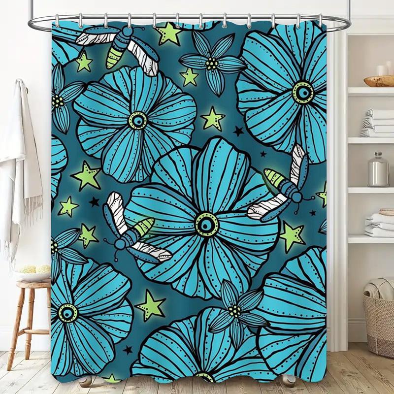 Vibrant Blue Floral Shower Curtain Modern Bathroom Decor Waterproof Fabric With Hook Rings For Bathtub Or Poolside Use.