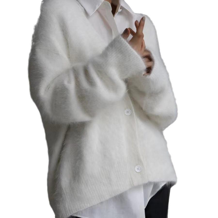 2024 Mink Hair V-Neck Cardigan: Loose Fit, Long Sleeve Sweater for Autumn/Winter Women