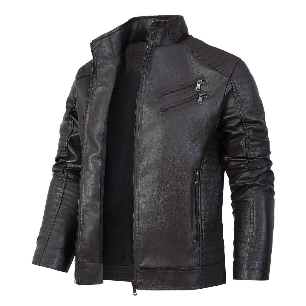 European and American spring and autumn black leather jacket men's casual zipper stand-up collar young men's leather jacket men's jacket X #