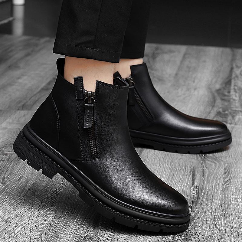 Fashion Side Zipper Male Motorcycle Boots Handmade Mens Sneakers Genuine Leather Men Winter Plush Snow Boots Men Casual High Top Shoes