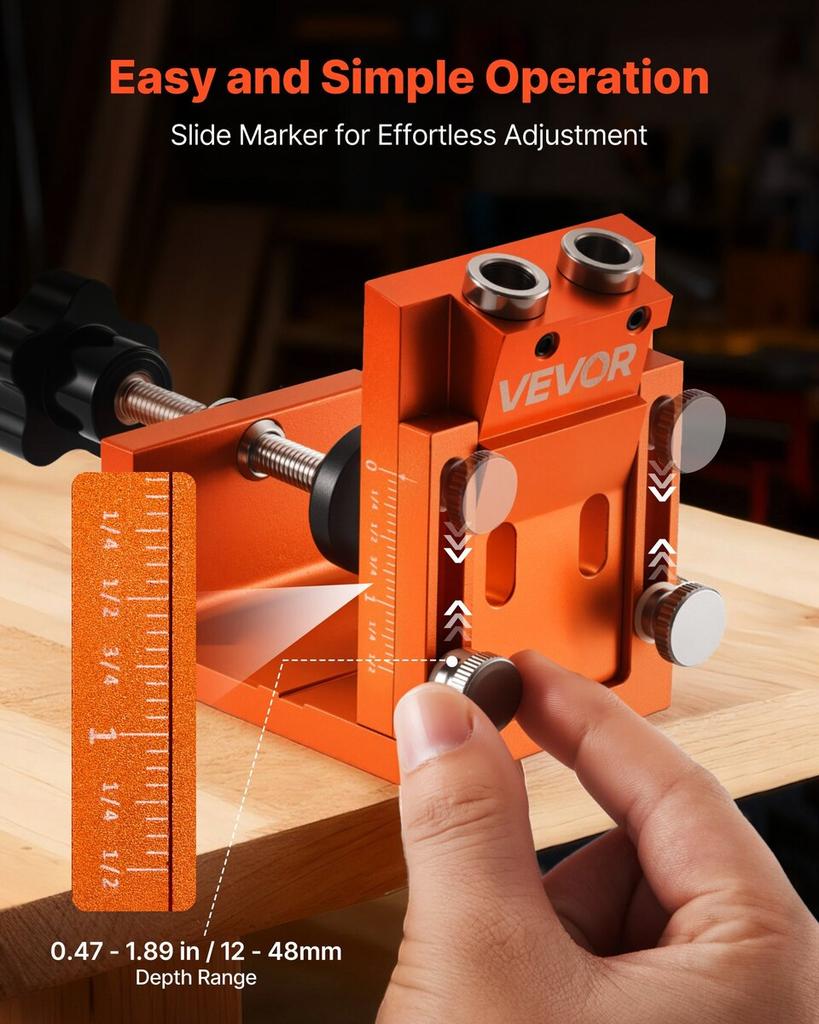 Pocket Hole Jig Kit, 12 Mm To 48 Mm Adjustable, Jig Pocket Hole System with Step Drill, Hex Wrench, Drill Stop Ring, Square Drive Bit, Plugs and