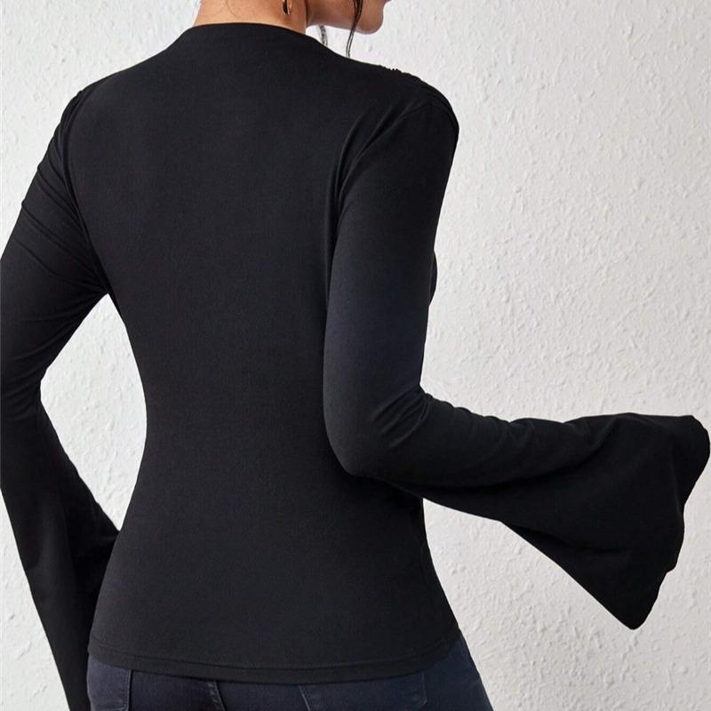 Wiosna Jesień Cienkie Plisowane Rozkloszowane Rękawy Casualowe Damskie T-shirty Eleganckie Kołnierzyk Stójka Slim Fit T-shirt Kobiety Odzież Prosta Vintage Baza Koszulki 26146