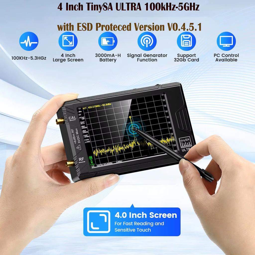 TinySA Ultra - 4 Inch Handheld Spectrum Analyzer 100kHz-5.3GHz RF Signal Generator With 32GB Card Type-C Portable RF Analyzer