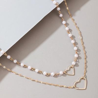 Nuevo Collar Doble Femenino Perla de Imitación Cristal Colgante de Corazón Regalo Accesorios Estilo Bohemia para Mujeres