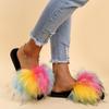 Fashion Brand Designer Mix Color Long Plush Slippers Women Fashion Colorful Flat Heels Soft Fur Slides Women Slip On Outdoor Slippers