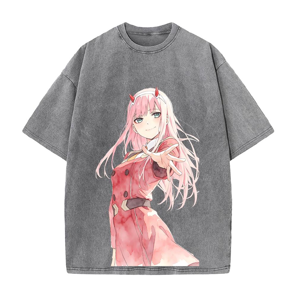 DARLING In the FRANXX Zero Two Printed Tee Men Women Vintage Washed T-shirts Oversized Cotton Streetwear Short Sleeve Clothing