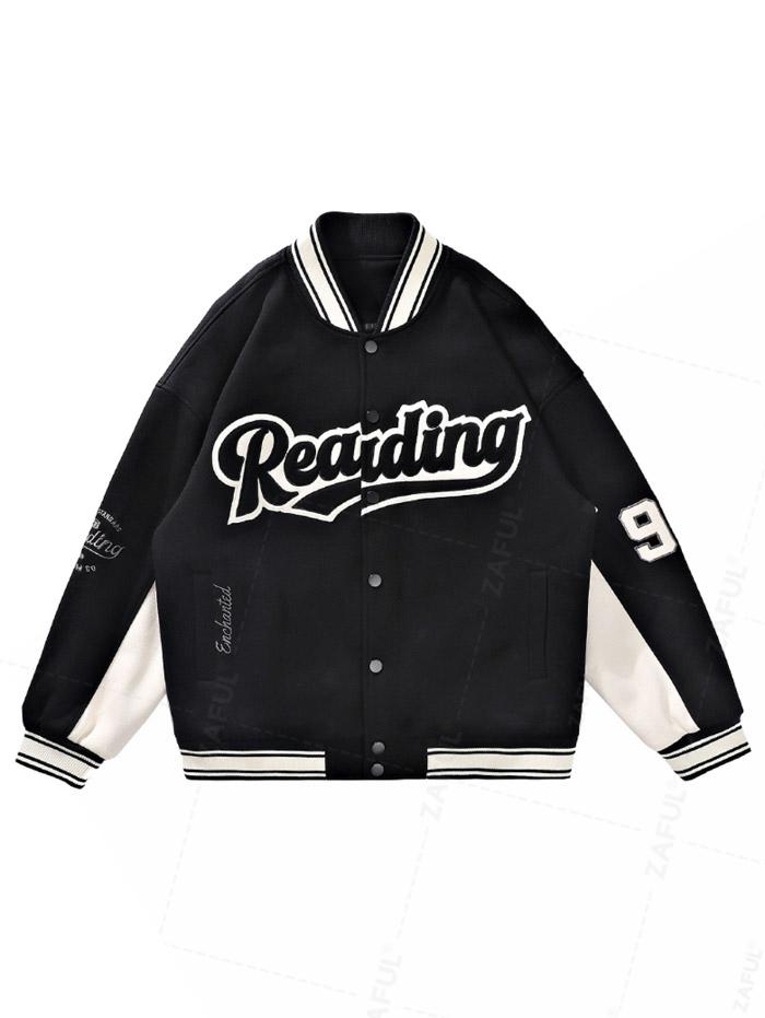 

ZAFUL Мужская бейсбольная куртка в стиле колледжа с вышитыми буквами READING, косыми карманами, воротником-стойкой и цветными блоками XL чёрный