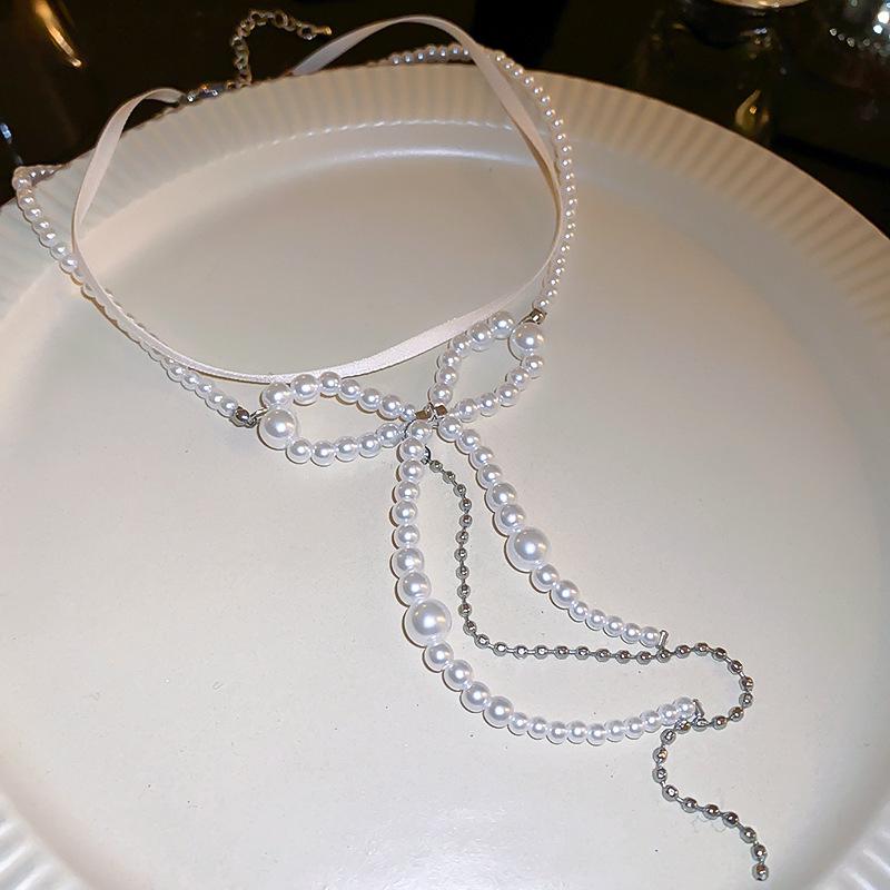 French bow pearl fringed double necklace accessories high sense fashion temperament collarbone chain versatile necklace accessories women