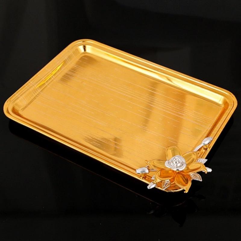 Fruit Plate,Alloy Flower Inlaid Gem Shape Plate,Polishing Golden Snack Disc,Candy Food Plate Home Wedding Desktop Decoration