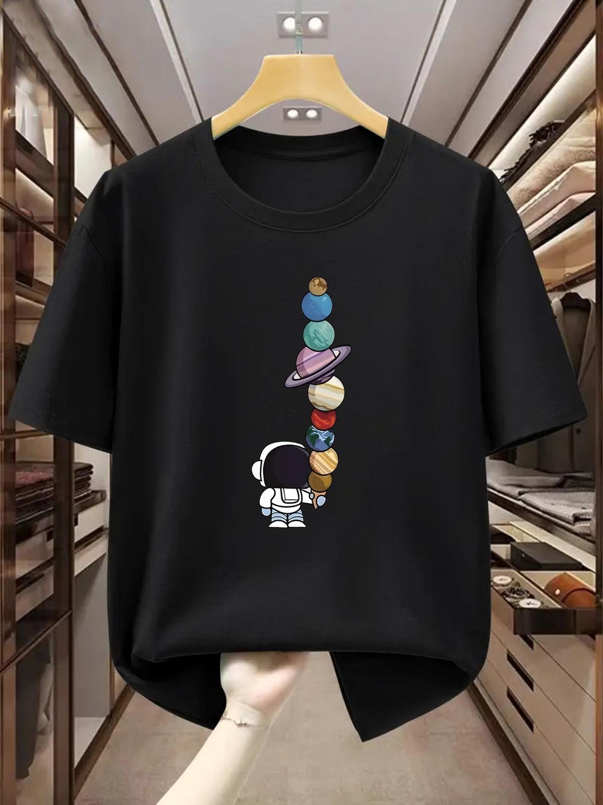 Men s T-Shirt Cartoon Astronaut T-shirt with Planet Design casual T-shirt S