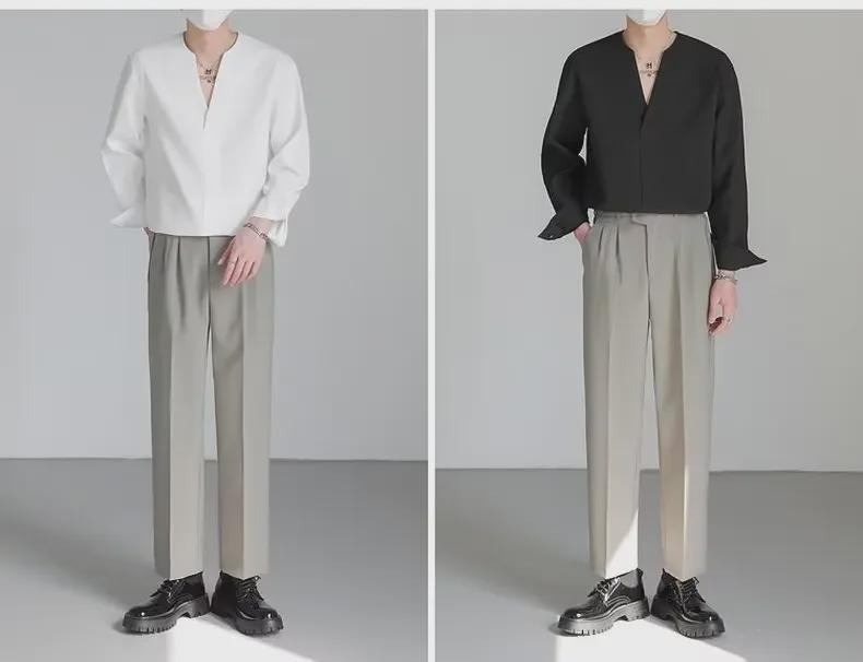 Korean-Style Men's Solid Color V-Neck Long-Sleeve Casual Pullover Shirt