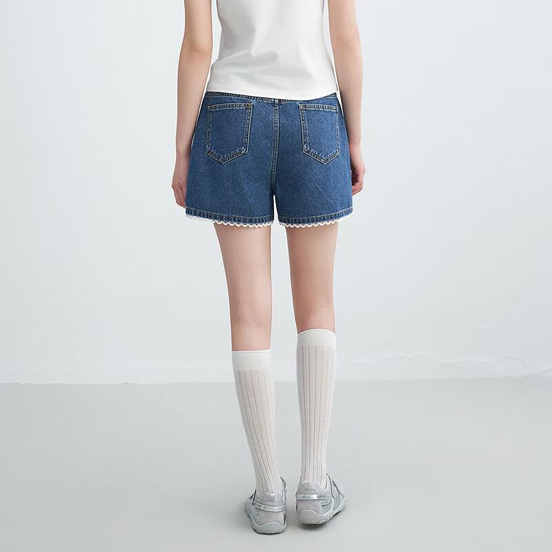 LED'IN Damen Retro A-Linie Jeans-Shorts mit Spitzenbesatz