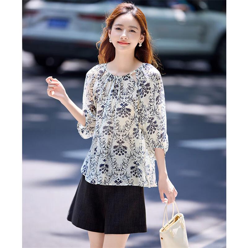 Shangjing Socialite Style Printed Hollow Round Neck Puff Sleeve Blouse