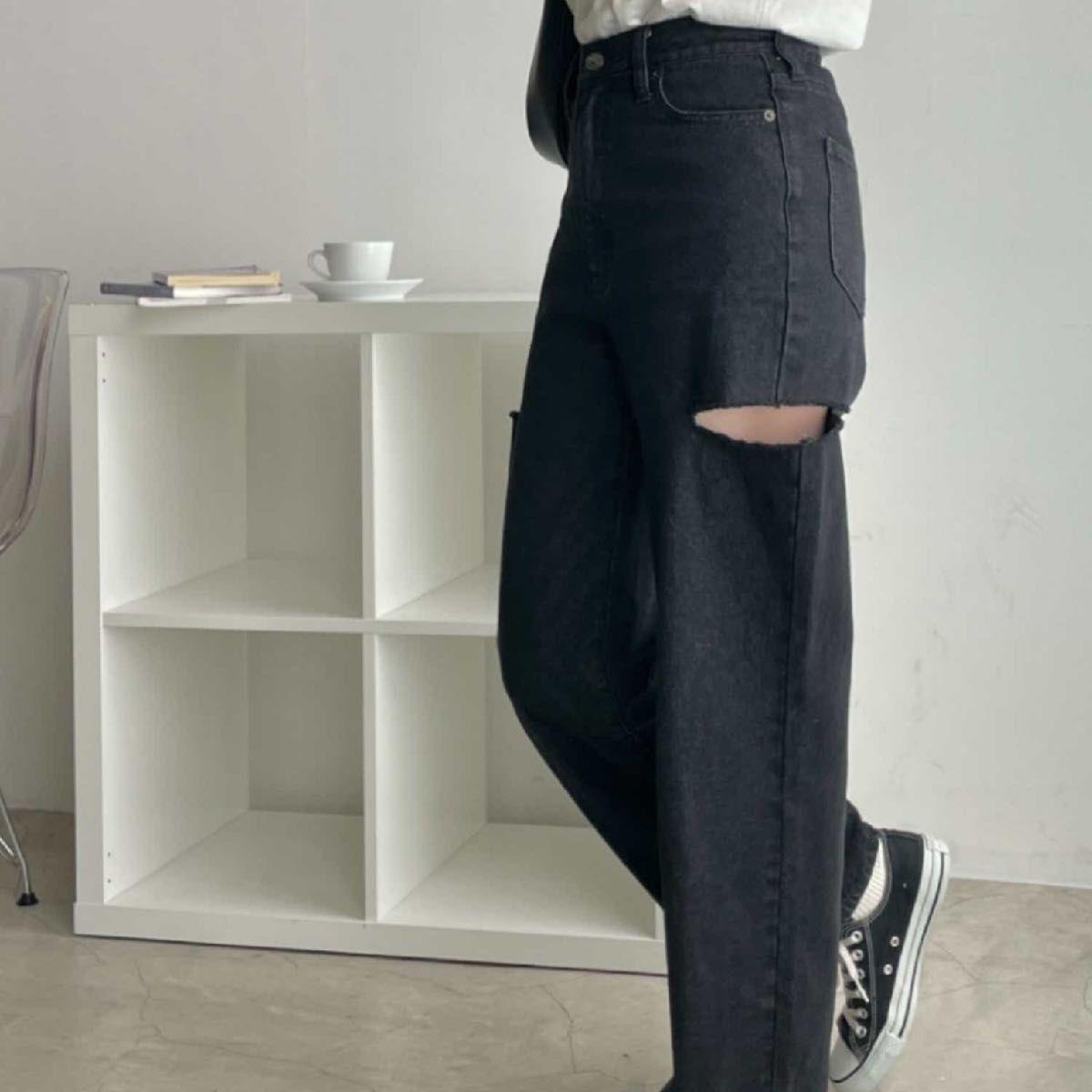 WEGO side cut denim pants black M