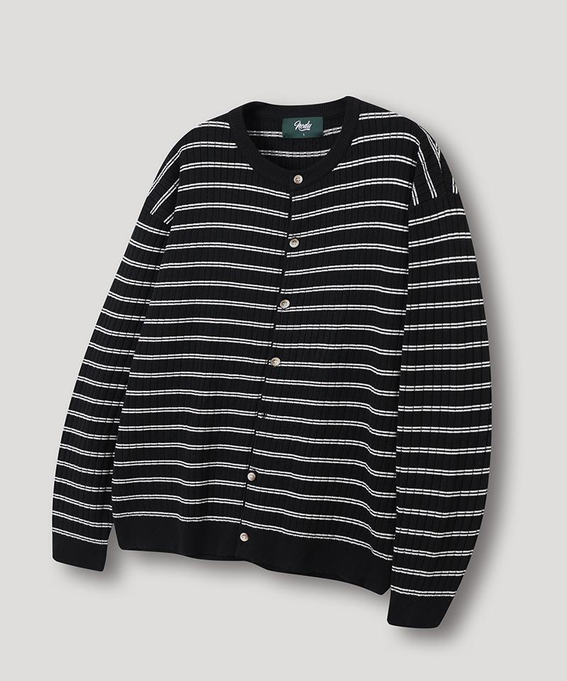 Nodu Block Stripe Round Knit Cardigan [Black]