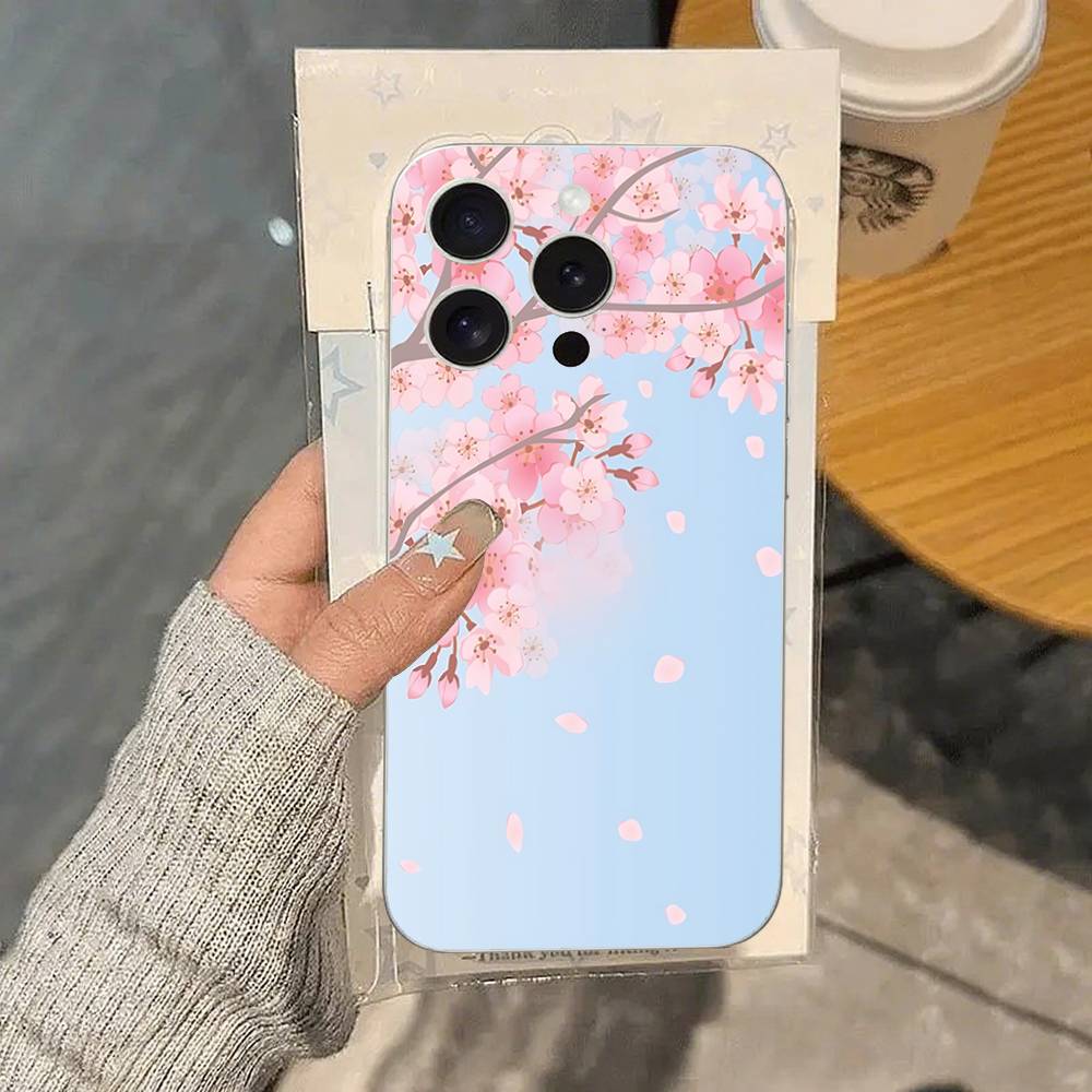 Pink Sakura Phone Case For IPhone 17 16 15 14 Plus 13 12 11 Pro Max Phone Back Cover Transparent Shockproof Cover
