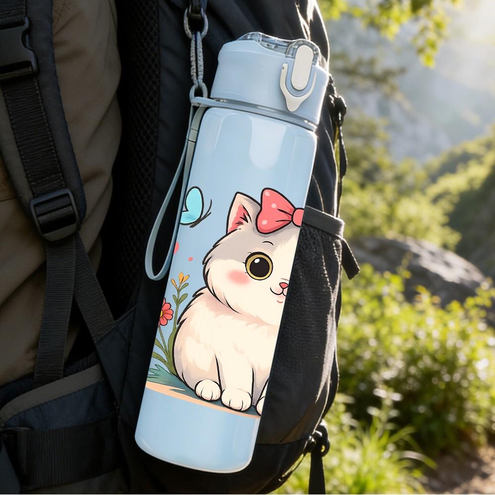 1PC White Cat Flower Bow 750ml Color Plastic Sports Water Bottle Leakproof Flip Straw Lid Suitable for Sports Office Home Use