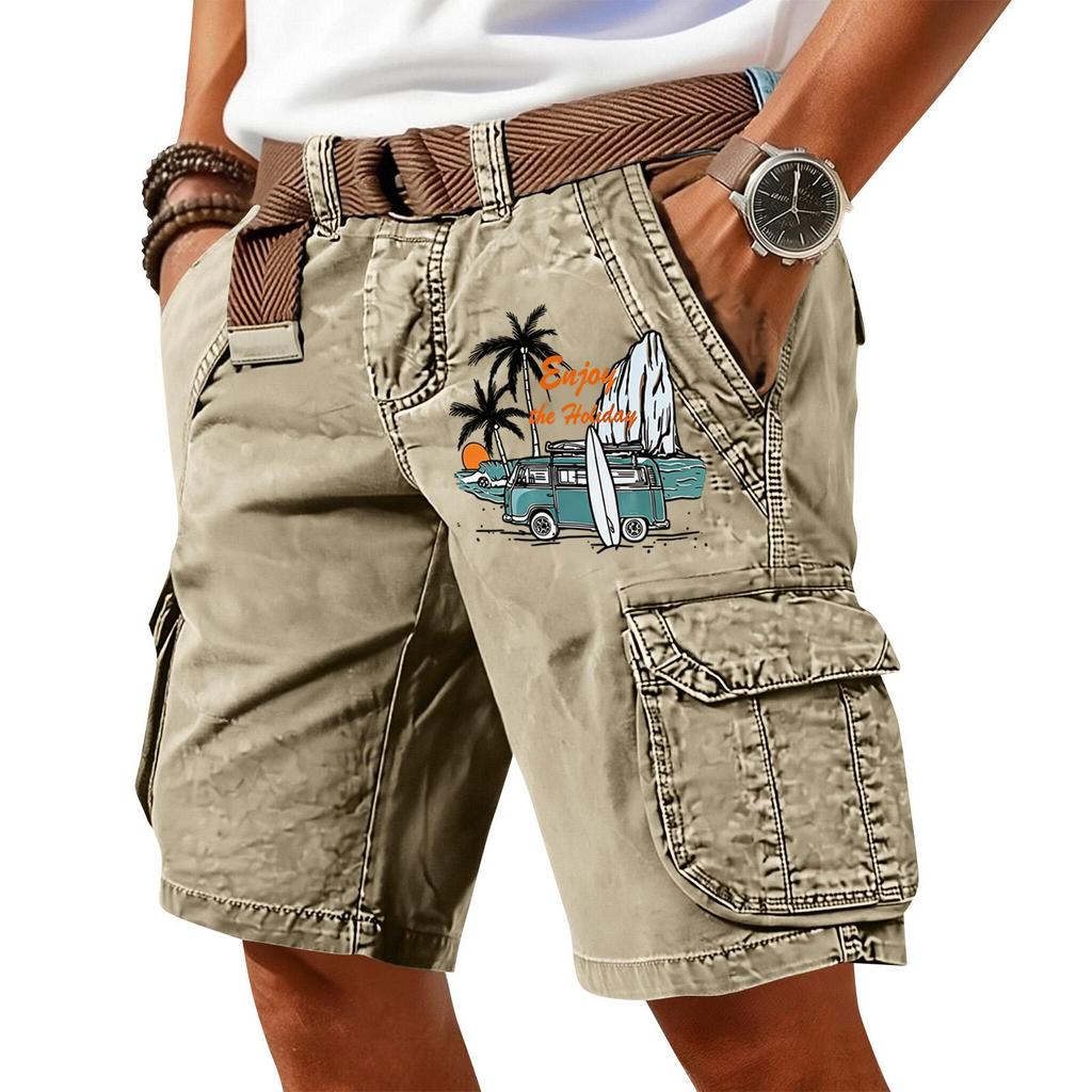 Men's Summer Printed Casual Multi Pocket Cargo Shorts Without Belt Loose Fit Cotton Fabric Classic Style