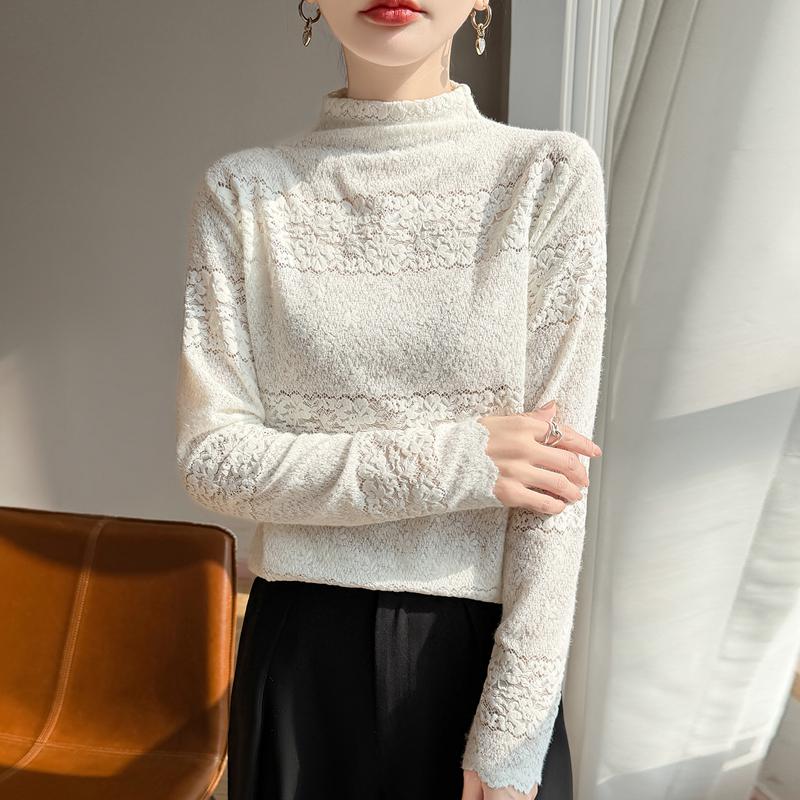 Women's Chic High-Neck Lace Trim Jacquard Knit Sweater