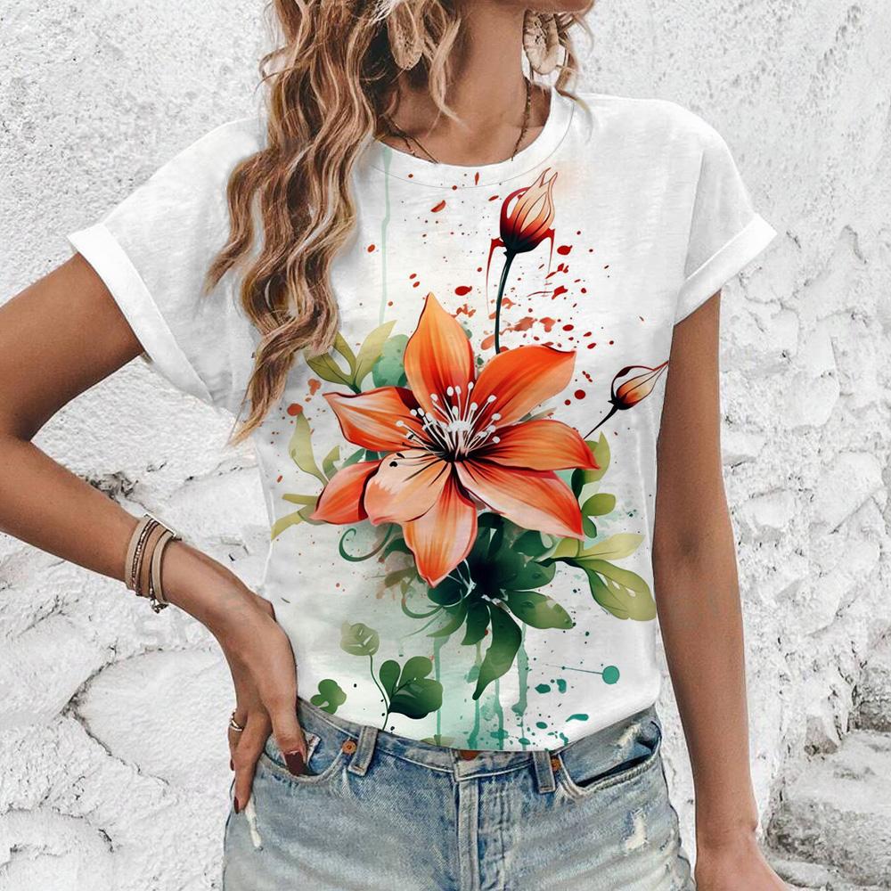 

Элегантная женская футболка с коротким рукавом, художественный цветочный принт, летняя женская одежда, футболка с коротким рукавом, удобный топ с круглым вырезом 5XL