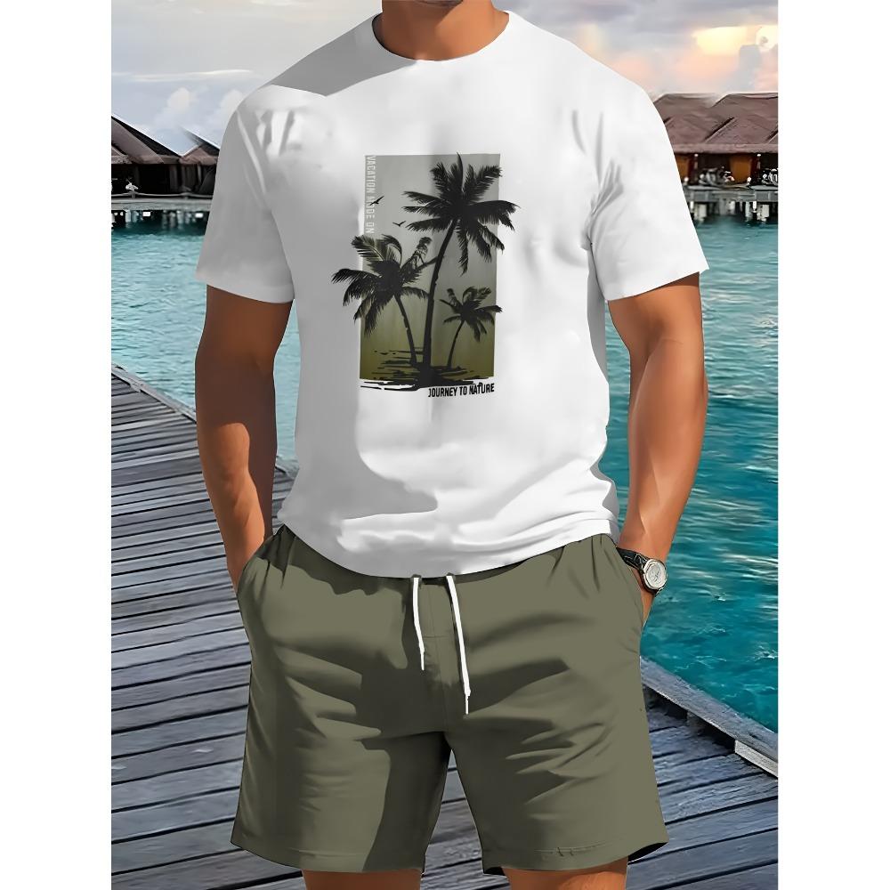 

Hawaiian Men s Set 3D Palm Leaf Pattern Casual Short-Sleeve Harajuku Style Fashionable Oversized Top Men s Beach Two-Piece Set 6XL