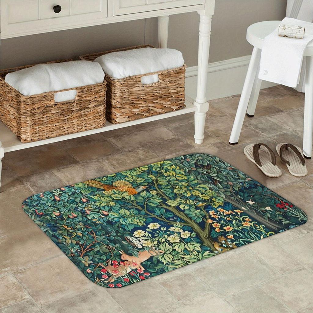 Woodland Scene Doormat – Vintage Botanical Rug with Pheasant, Squirrel HareNon-Slip Indoor Floor Mat for Entryway Living Room