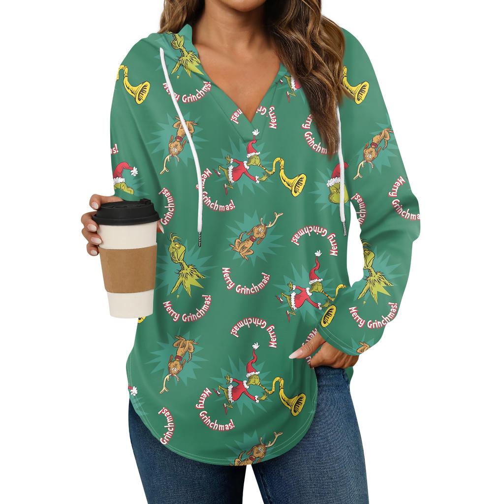 Women's Fashion Hoodies V Neck Long Sleeve Christmas Printed Drawstring Casual Loose Pullover Tops