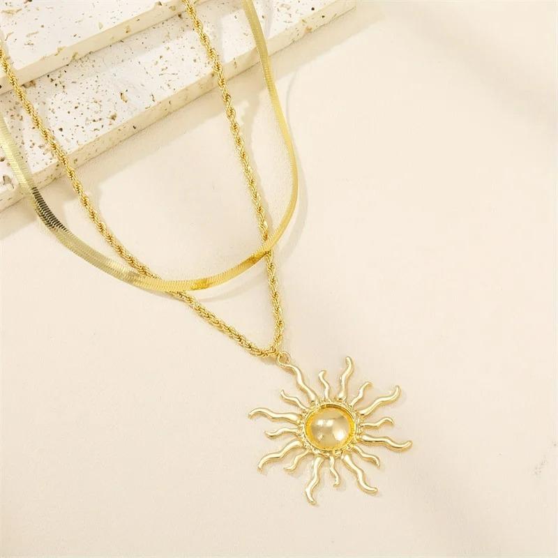 925 Silver Double Layer Sun Pendant Necklace for Women Trendy Bohemia Snake Bone Chain Necklace Party Jewelry Gifts