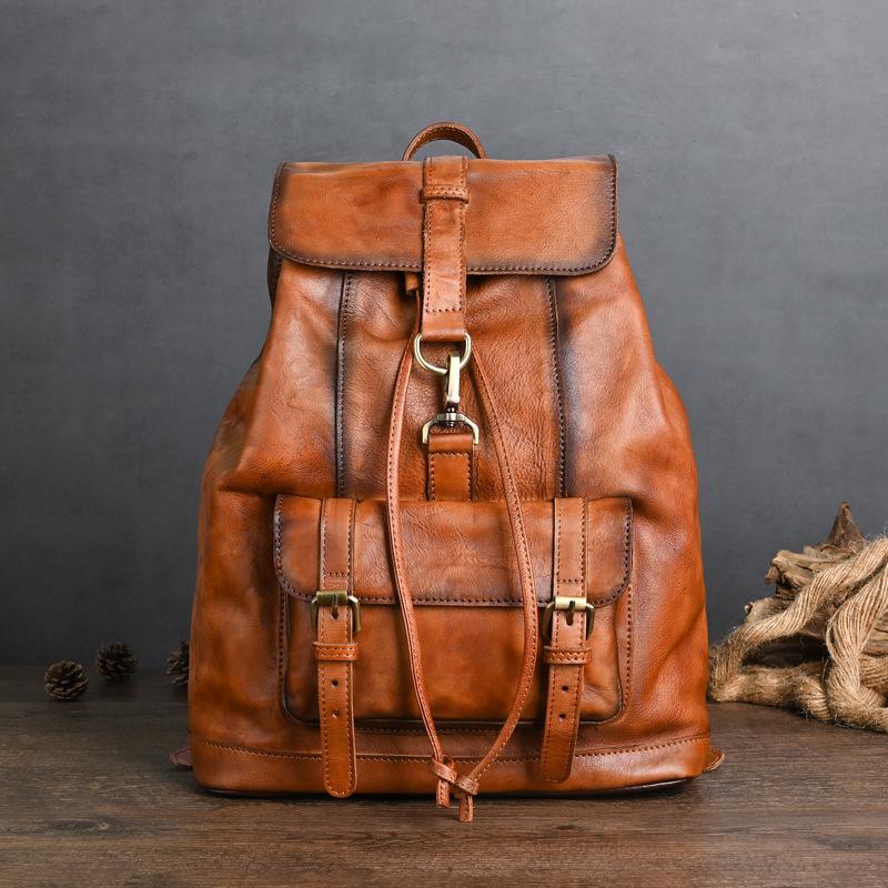 Chaozhou Vintage Handmade Leather Backpack for Casual Travel, 14-Inch Laptop Bag