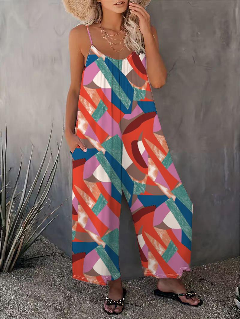 2025 Frühling/Sommer Damen Ärmelloser Bedruckter Jumpsuit - Neuer Heißer Stil Lässige Lange Hose M brown