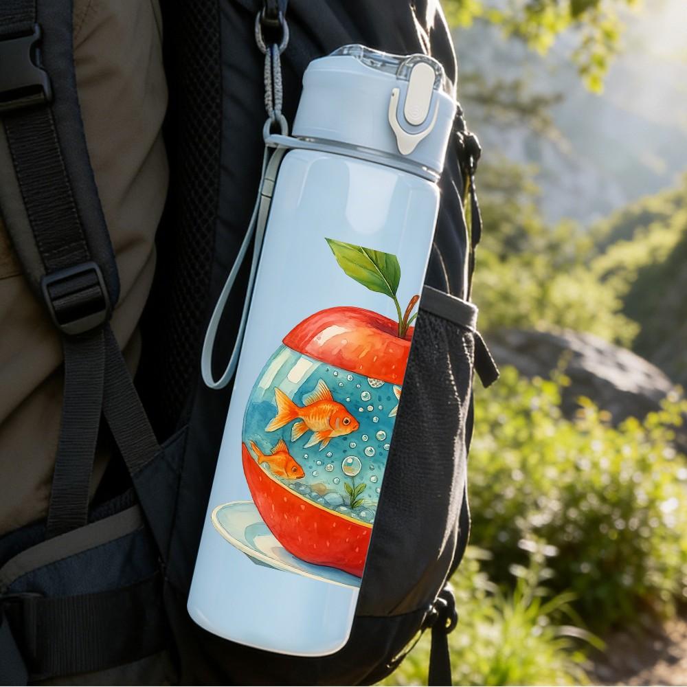 1PC Earth Pattern Apple Fruit Print 750ml Color Plastic Sports Water Bottle Leakproof Flip Straw Lid Suitable for Sports Office Home Use