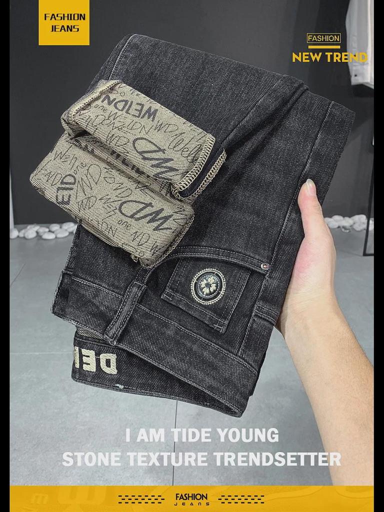 Brand Men's Trendy Elastic Embroidery Slim Straight Jeans