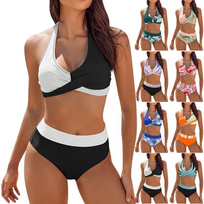 Damenmode-Bikini-Set mit hoher Taille, zweiteilig, Farbblock, Blumenmuster, Brust, Kreuz-Bikini-Badeanzug