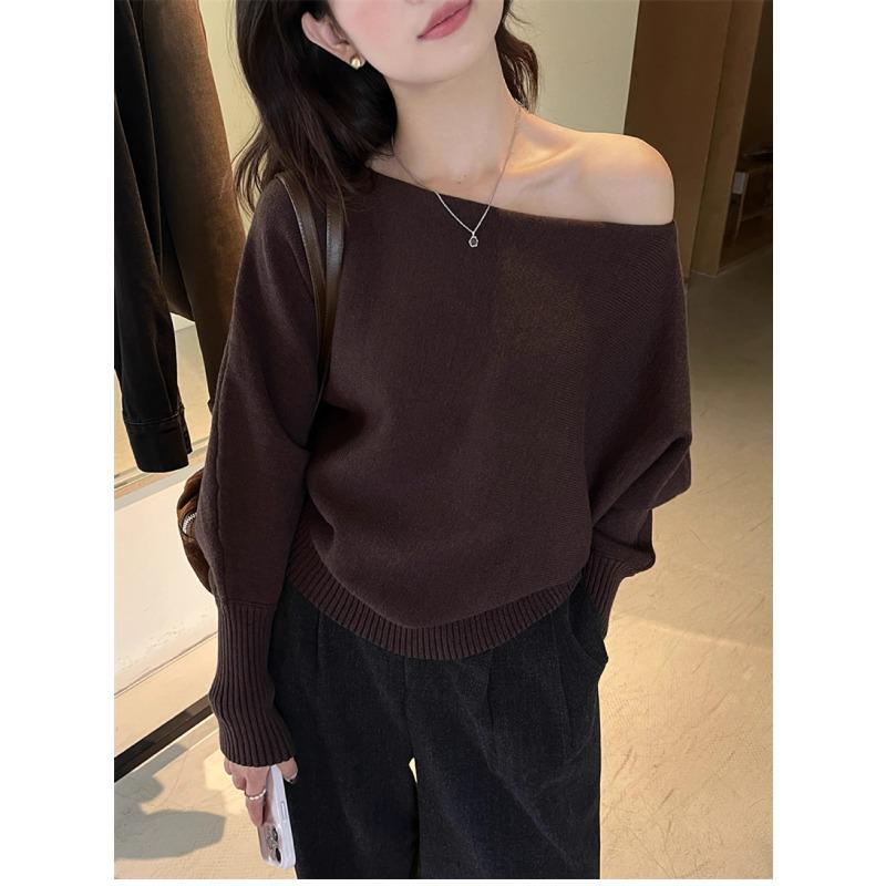 Temperament slanted shoulder one-word neck bottoming shirt women's spring relaxation loose knitted sweater with gray top inside
