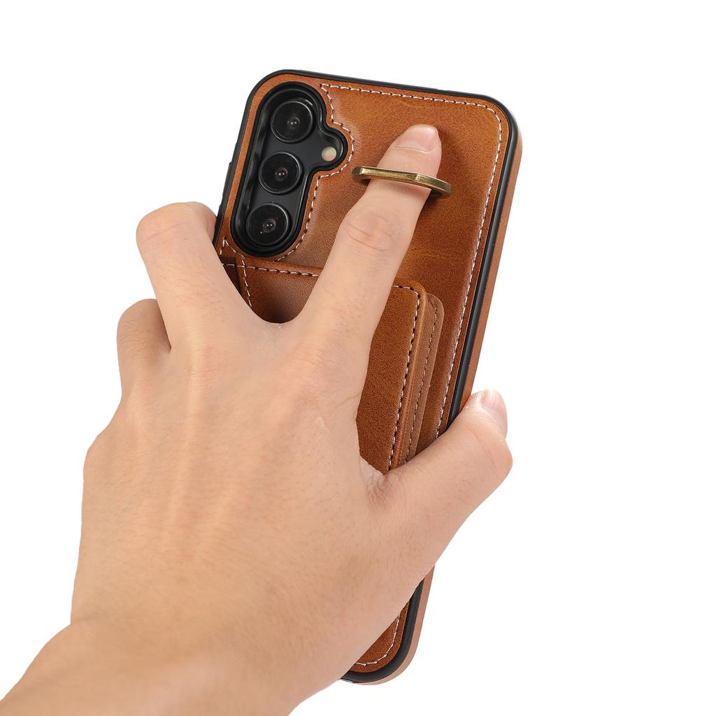 For Samsung Galaxy A24 4G (162.1x77.6x8.3mm) PU Leather Back Case Card Holder Kickstand Phone Cover with Wrist Strap