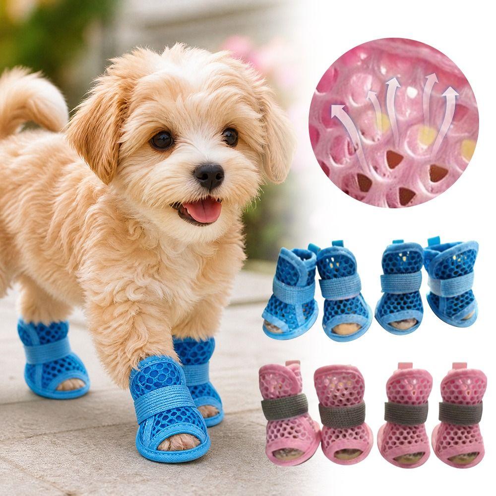 4Pcs Cute Mesh Dog Shoes Non-slip Soft-sole Pet Sandals Elastic Strap Breathable Cooling Dog Boots Summer