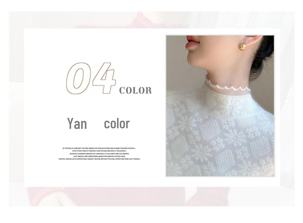 High-End Women's Cashmere Knit Lace Top - Long Sleeve, Half High Collar, Mesh Base Layer for Spring & Autumn