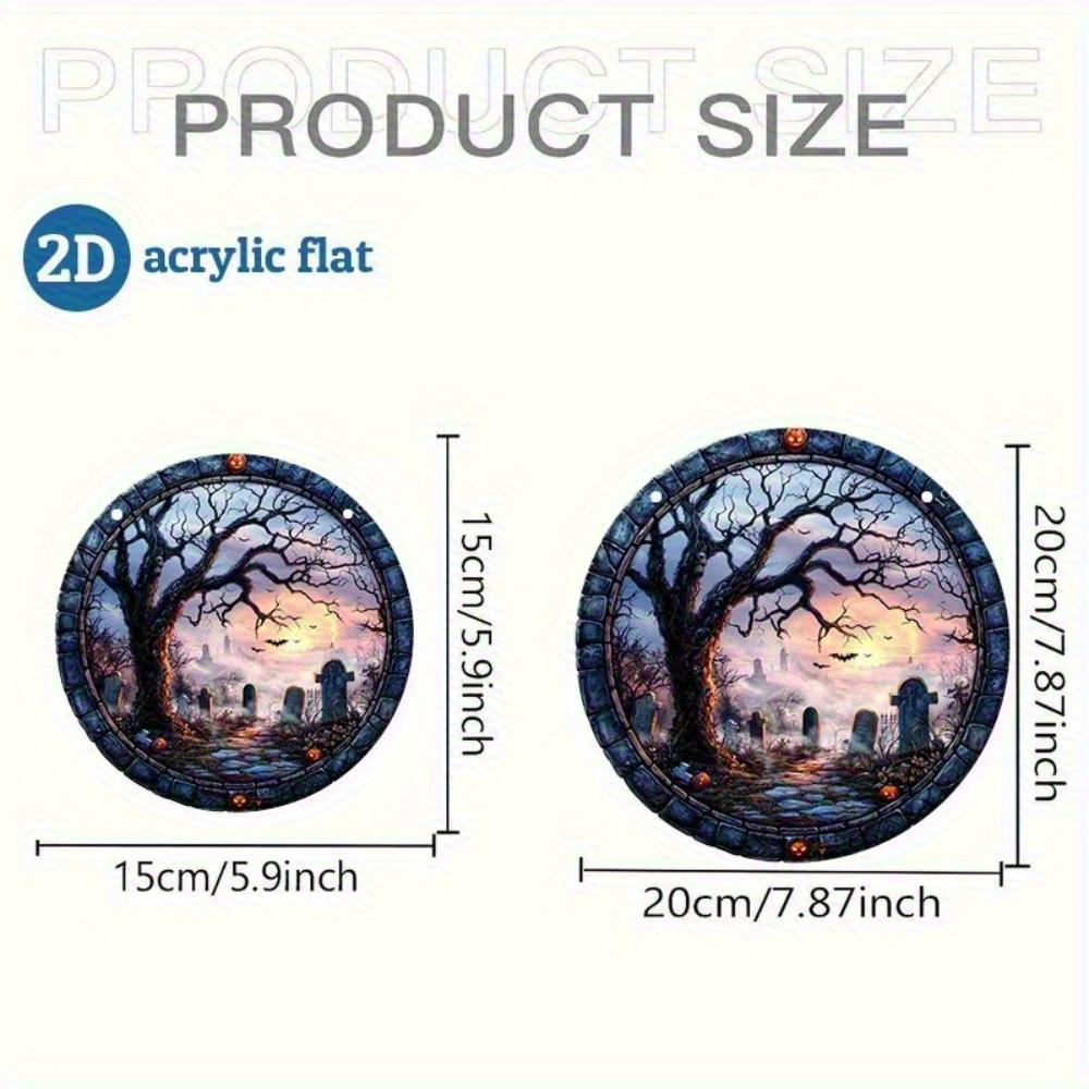2D flat round acrylic pendant, Halloween cemetery bat and pumpkin pattern art decoration plaque, for window, wall, porch, classroom, yard  decoration