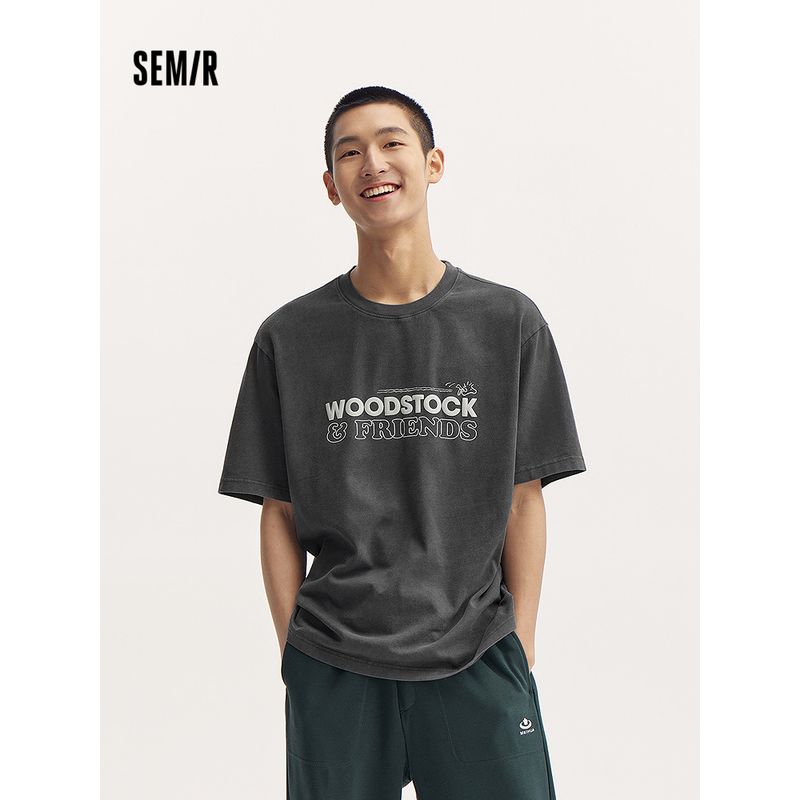 

Senma Футболка с коротким рукавом Snoopy Мужская Потертая Ретро Парная одежда Чистый хлопок Осенний принт Топы Нейтральный Gray 00322 165/84A/S