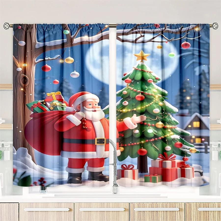Set Of 2 Christmas Santa Claus Tree Pattern Printed Curtains Decorations Home Room Curtain Polyester Modern