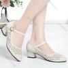 Fashion Mesh Hollow Breathable Single Shoes Women Spring Summer Thick Middle Heel Female Shoes Casual Solid Rhinestone Heeled Sandals
