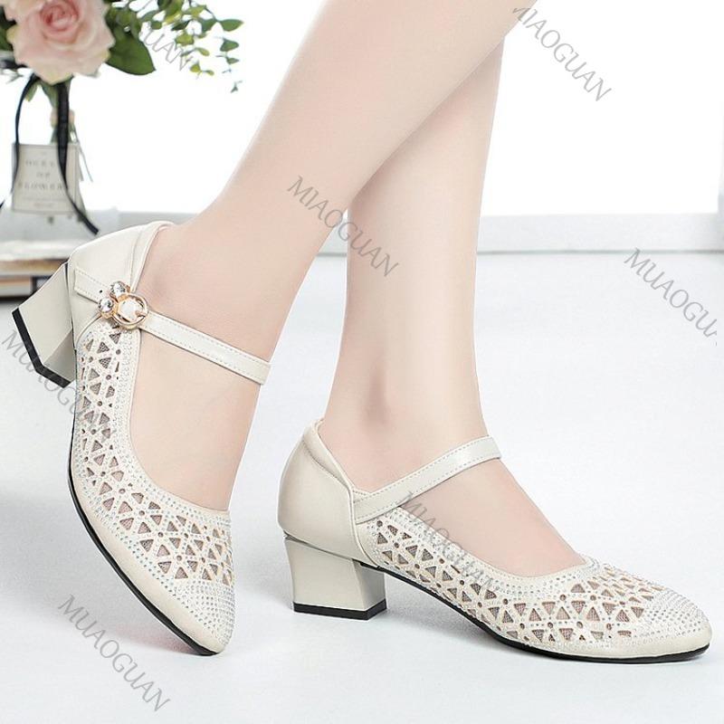 Fashion Mesh Hollow Breathable Single Shoes Women Spring Summer Thick Middle Heel Female Shoes Casual Solid Rhinestone Heeled Sandals