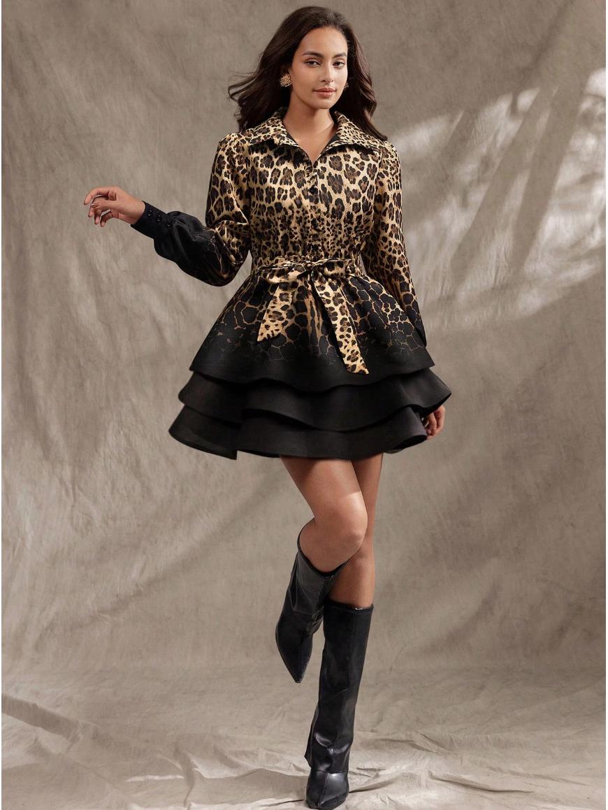 Leopard Gradient Black Layered Puff Sleeve Lapel Dress Small