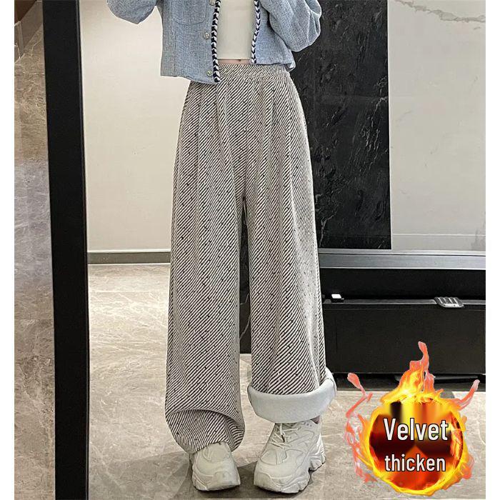 Women's 2024 Autumn/Winter Fleece-Lined Wide-Leg Striped Pants